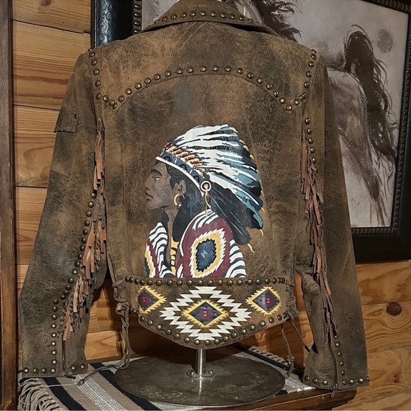 Double D Ranch fringe jacket studded embroidered induan chief design Rtl $1295 - Picture 7 of 13